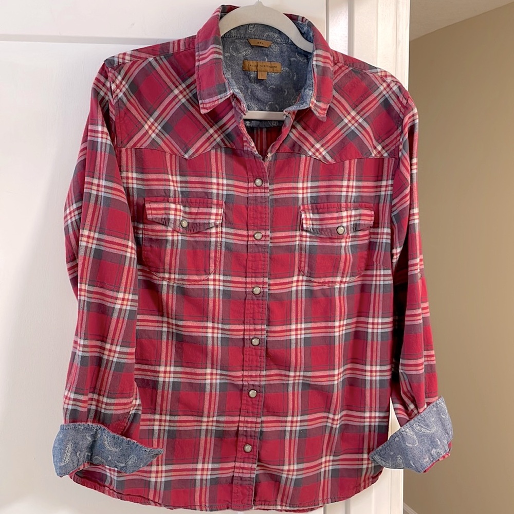 Jacks Girlfriend Pearl Snap 100% Cotton Women Flannel Shirt L Contrast Lining